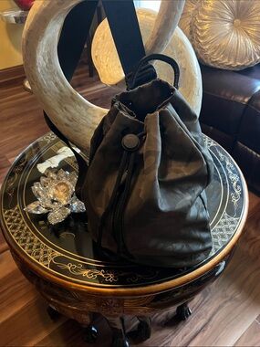 Athleta Olive Green Drawstring Bucket Bag with Branded Strap